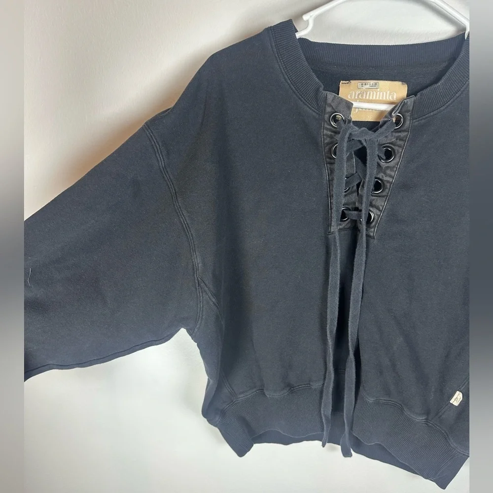 Araminta James Black Lace-Up Sweatshirt, thick, size XS oversized Anthropologie
